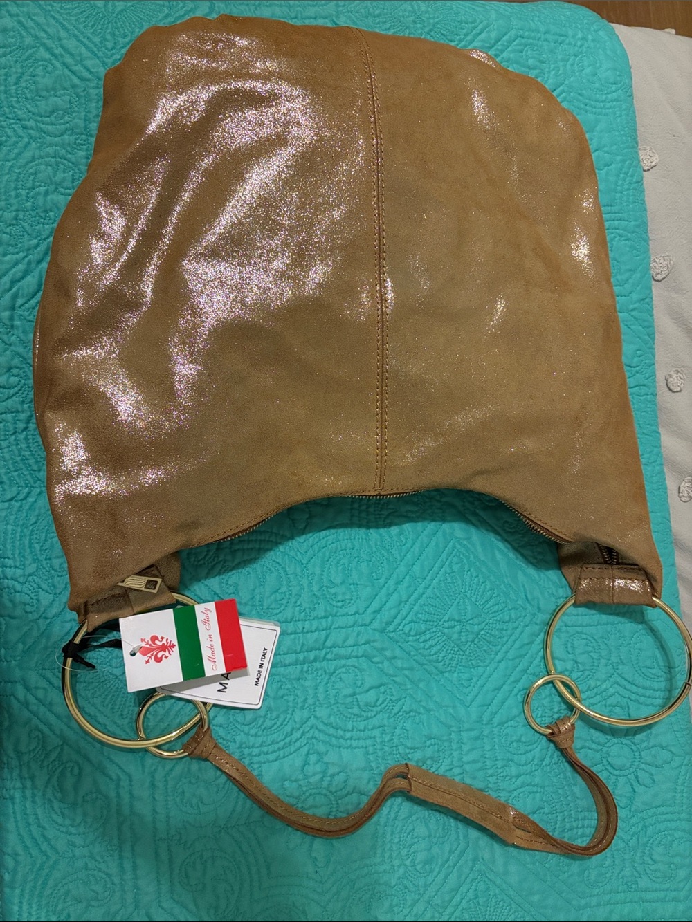 Leather Tote Shoulder Bag in Gold with Gold Rings
